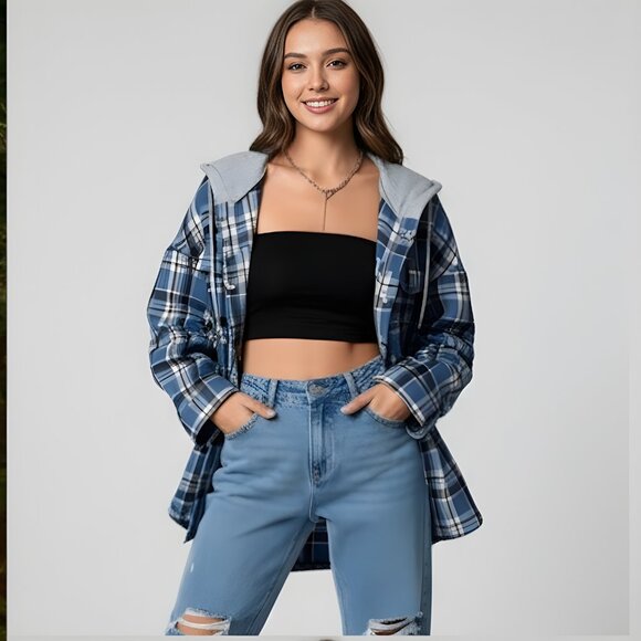 Blue Plaid Shacket with Drawstring Hoodie - Picture 4 of 7